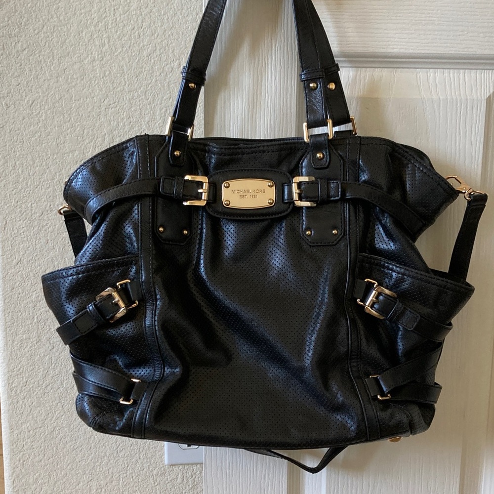 Michael Kors Gansevoort Black Perforated Leather Tote with Gold Hardware